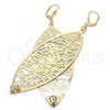 Oro Laminado Dangle Earring, Gold Filled Style Leaf and Dragon-Fly Design, with White Crystal, Diamond Cutting Finish, Golden Finish, 68.003