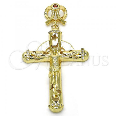 Oro Laminado Religious Pendant, Gold Filled Style Crucifix and Star Design, with Garnet and White Cubic Zirconia, Polished, Golden Finish, 05.253.0038