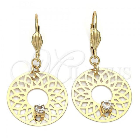 Oro Laminado Dangle Earring, Gold Filled Style Filigree and Flower Design, with White Cubic Zirconia, Matte Finish, Golden Finish, 02.64.0062