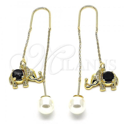 Oro Laminado Threader Earring, Gold Filled Style Elephant Design, with Black Micro Pave, Polished, Golden Finish, 02.210.0338.2