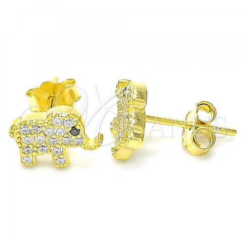 Sterling Silver Stud Earring, Elephant Design, with White and Black Micro Pave, Polished, Golden Finish, 02.336.0030.2