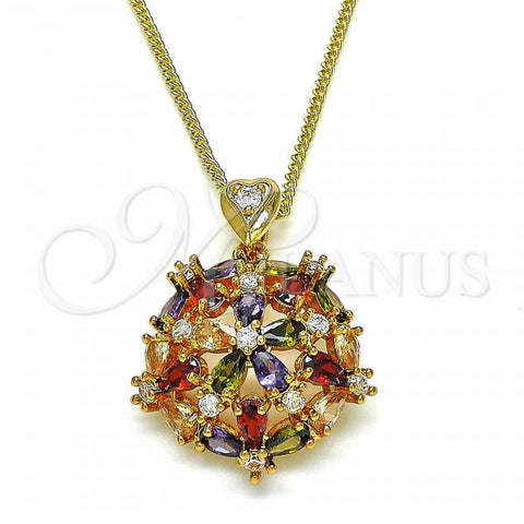 Oro Laminado Pendant Necklace, Gold Filled Style Flower Design, with Multicolor Cubic Zirconia, Polished, Golden Finish, 04.346.0009.1.20