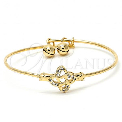 Oro Laminado Individual Bangle, Gold Filled Style Flower and Rattle Charm Design, with White Micro Pave, Polished, Golden Finish, 07.193.0007.1 (02 MM Thickness, One size fits all)