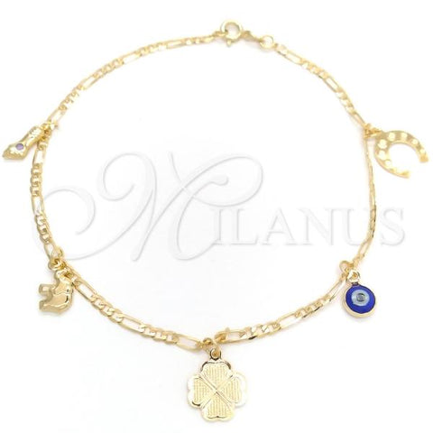 Oro Laminado Charm Anklet , Gold Filled Style Evil Eye and Figa Hand Design, Polished, Golden Finish, 03.58.0055.10