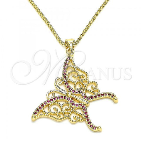 Oro Laminado Pendant Necklace, Gold Filled Style Butterfly Design, with Ruby Micro Pave, Polished, Golden Finish, 04.156.0242.20