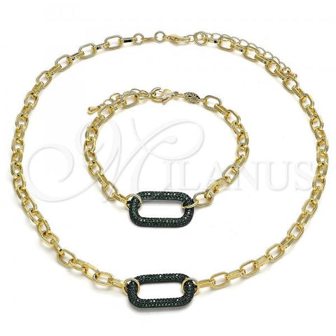 Oro Laminado Necklace and Bracelet, Gold Filled Style Paperclip Design, with Green Micro Pave, Polished, Black Rhodium Finish, 06.341.0002.4
