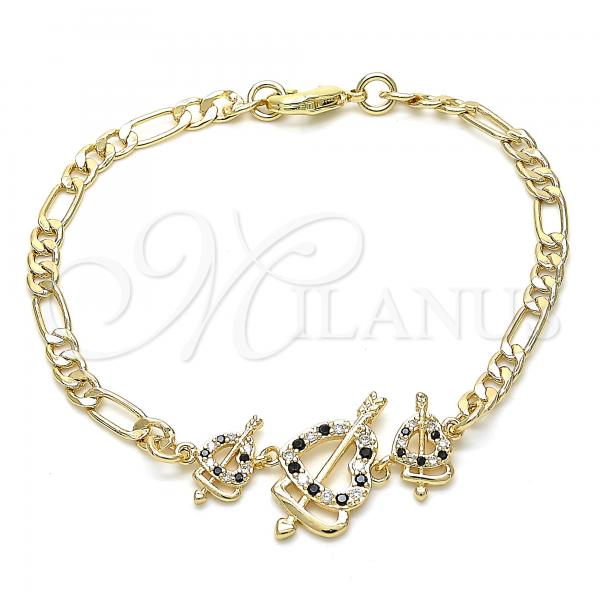 Oro Laminado Fancy Bracelet, Gold Filled Style Heart Design, with Black and White Cubic Zirconia, Polished, Golden Finish, 03.233.0033.08
