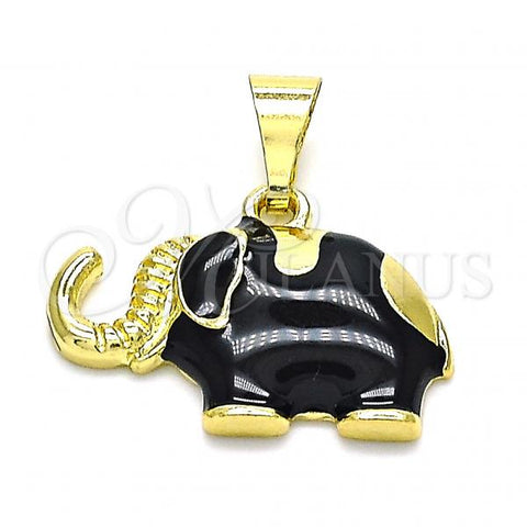 Oro Laminado Fancy Pendant, Gold Filled Style Elephant Design, Black Enamel Finish, Golden Finish, 05.253.0120