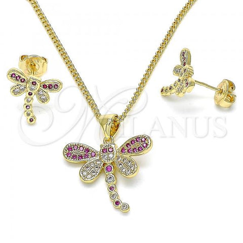 Oro Laminado Earring and Pendant Adult Set, Gold Filled Style Dragon-Fly Design, with Ruby and White Micro Pave, Polished, Golden Finish, 10.156.0148.3