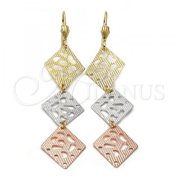 Oro Laminado Long Earring, Gold Filled Style Flower Design, Diamond Cutting Finish, Tricolor, 5.095.015