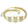 Oro Laminado Fancy Bracelet, Gold Filled Style Owl and Flower Design, with White and Black Micro Pave, Polished, Tricolor, 03.380.0007.07