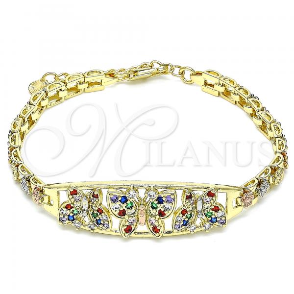 Oro Laminado Fancy Bracelet, Gold Filled Style Butterfly and Flower Design, with Multicolor Crystal, Polished, Tricolor, 03.380.0089.07