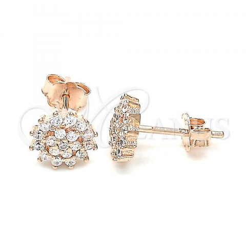 Sterling Silver Stud Earring, Flower Design, with White Cubic Zirconia, Polished, Rose Gold Finish, 02.369.0023.1