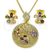 Oro Laminado Earring and Pendant Adult Set, Gold Filled Style Leaf and Flower Design, with Multicolor Cubic Zirconia and White Micro Pave, Polished, Golden Finish, 10.210.0172