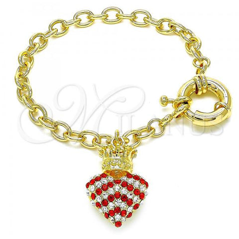 Oro Laminado Charm Bracelet, Gold Filled Style Heart and Crown Design, with Garnet and White Crystal, Polished, Golden Finish, 03.63.2211.1.08