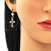 Oro Laminado Dangle Earring, Gold Filled Style Cross Design, with Garnet Cubic Zirconia, Polished, Golden Finish, 02.351.0059.1