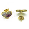 Oro Laminado Stud Earring, Gold Filled Style Heart Design, with Ruby and White Micro Pave, Polished, Golden Finish, 02.94.0092