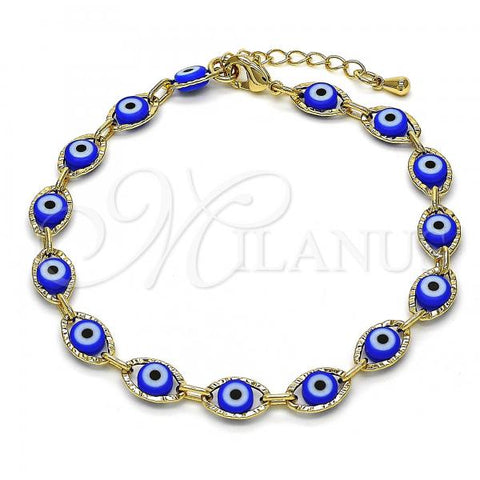 Oro Laminado Fancy Bracelet, Gold Filled Style Evil Eye Design, Blue Resin Finish, Golden Finish, 04.63.1347.2.07