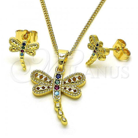 Oro Laminado Earring and Pendant Adult Set, Gold Filled Style Dragon-Fly Design, with Multicolor Cubic Zirconia, Polished, Golden Finish, 10.210.0165.1