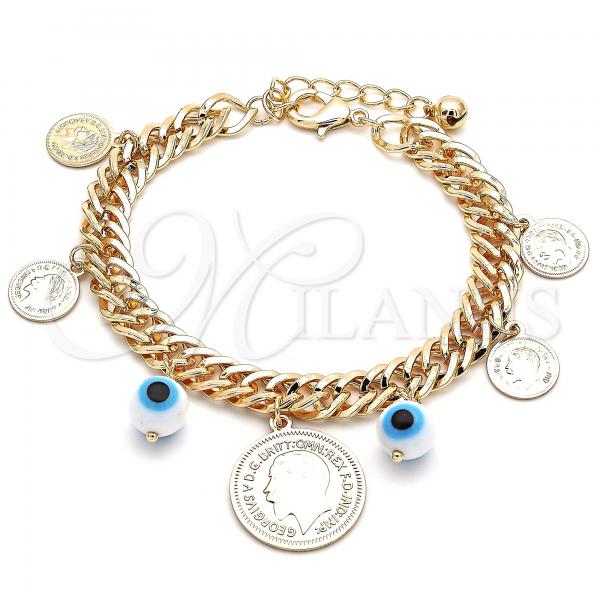 Oro Laminado Charm Bracelet, Gold Filled Style Evil Eye Design, Polished, Golden Finish, 03.331.0126.08