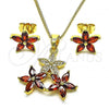 Oro Laminado Earring and Pendant Adult Set, Gold Filled Style Flower Design, with Garnet Cubic Zirconia and White Micro Pave, Polished, Golden Finish, 10.316.0068.1