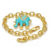 Oro Laminado Charm Bracelet, Gold Filled Style Elephant and Rolo Design, with White Crystal, Turquoise Enamel Finish, Golden Finish, 03.179.0001.2.07