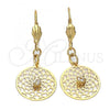 Oro Laminado Dangle Earring, Gold Filled Style Flower and Filigree Design, with White Cubic Zirconia, Polished, Golden Finish, 73.013