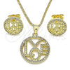 Oro Laminado Earring and Pendant Adult Set, Gold Filled Style Love Design, with White Micro Pave, Polished, Golden Finish, 10.156.0357