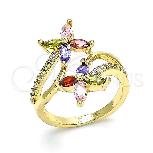 Oro Laminado Multi Stone Ring, Gold Filled Style Flower Design, with Multicolor Cubic Zirconia and White Micro Pave, Polished, Golden Finish, 01.210.0139.07