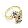 Oro Laminado Multi Stone Ring, Gold Filled Style Flower Design, with Multicolor Cubic Zirconia, Polished, Golden Finish, 01.210.0146.08