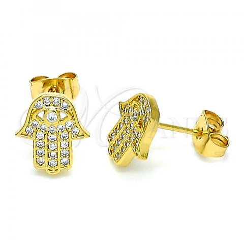 Oro Laminado Stud Earring, Gold Filled Style Hand of God Design, with White Cubic Zirconia and White Micro Pave, Polished, Golden Finish, 02.344.0077.1