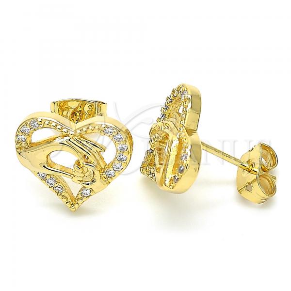 Oro Laminado Stud Earring, Gold Filled Style Heart and Hand Design, with White Micro Pave, Polished, Golden Finish, 02.156.0390