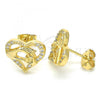 Oro Laminado Stud Earring, Gold Filled Style Heart and Hand Design, with White Micro Pave, Polished, Golden Finish, 02.156.0390