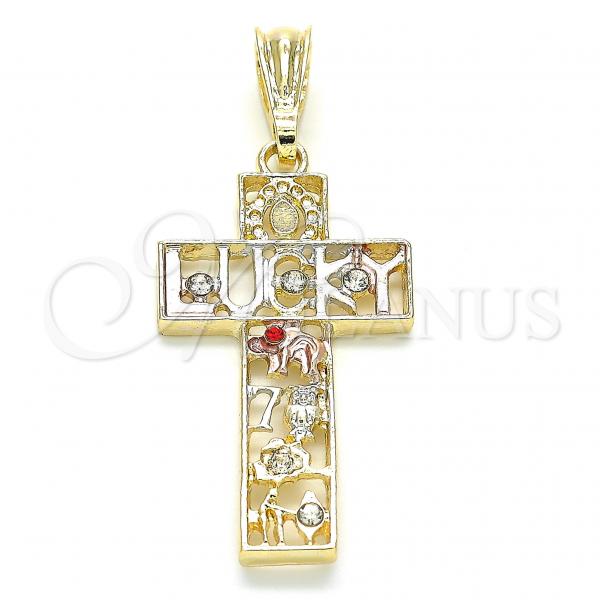 Oro Laminado Religious Pendant, Gold Filled Style Cross and Owl Design, with Garnet and White Crystal, Polished, Tricolor, 05.351.0058