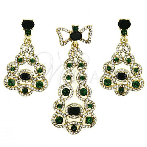 Oro Laminado Earring and Pendant Adult Set, Gold Filled Style Bow Design, with Emerald and White Cubic Zirconia, Polished, Golden Finish, 10.91.0300.1