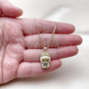 Oro Laminado Pendant Necklace, Gold Filled Style Box and Bow Design, with White Cubic Zirconia, White Enamel Finish, Golden Finish, 04.156.0468.1.18