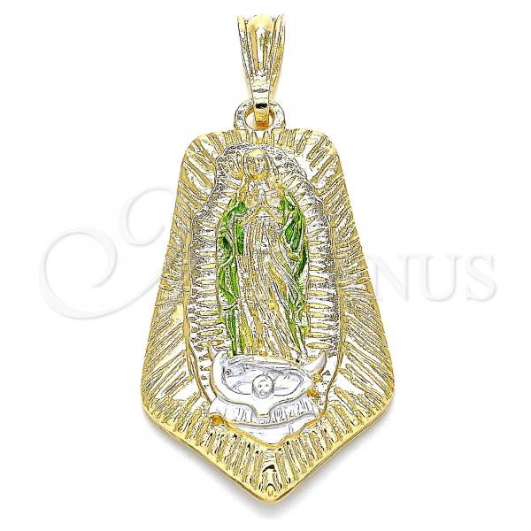 Oro Laminado Religious Pendant, Gold Filled Style Guadalupe Design, Polished, Tricolor, 05.351.0143
