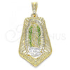 Oro Laminado Religious Pendant, Gold Filled Style Guadalupe Design, Polished, Tricolor, 05.351.0143