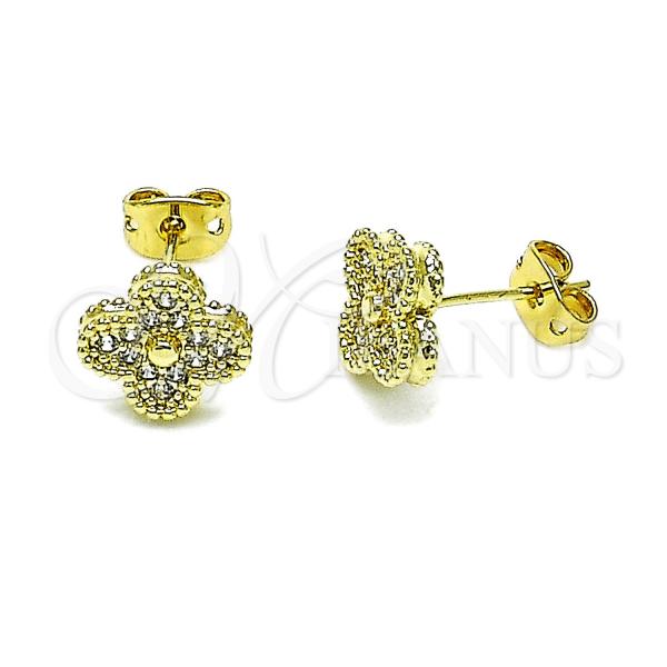 Oro Laminado Stud Earring, Gold Filled Style Four-leaf Clover Design, with White Cubic Zirconia, Polished, Golden Finish, 02.213.0781