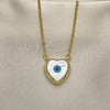 Oro Laminado Pendant Necklace, Gold Filled Style Evil Eye and Heart Design, with White Micro Pave and White Mother of Pearl, Polished, Golden Finish, 04.362.0027.18