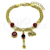 Oro Laminado Fancy Bracelet, Gold Filled Style Bismark and Evil Eye Design, with Garnet Pearl, Polished, Golden Finish, 03.213.0363.07