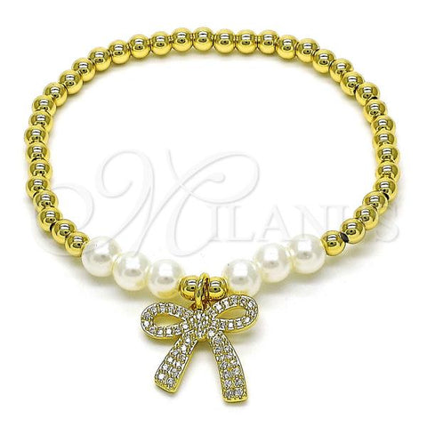 Oro Laminado Fancy Bracelet, Gold Filled Style Bow and Ball Design, with White Micro Pave and Ivory Pearl, Polished, Golden Finish, 03.341.0225.07