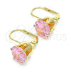 Oro Laminado Leverback Earring, Gold Filled Style with Pink Cubic Zirconia, Polished, Golden Finish, 5.128.069