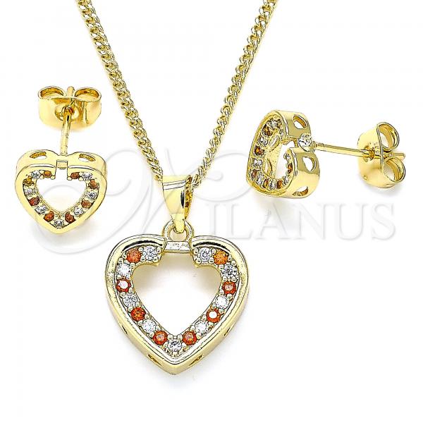 Oro Laminado Earring and Pendant Adult Set, Gold Filled Style Heart Design, with Garnet and White Micro Pave, Polished, Golden Finish, 10.344.0001.1