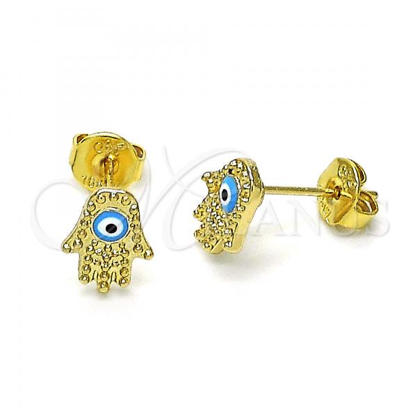 Oro Laminado Stud Earring, Gold Filled Style Hand and Evil Eye Design, Light Blue Enamel Finish, Golden Finish, 02.213.0399.2