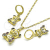 Oro Laminado Earring and Pendant Adult Set, Gold Filled Style Teddy Bear Design, with Multicolor Micro Pave, Polished, Golden Finish, 10.196.0053