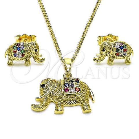 Oro Laminado Earring and Pendant Adult Set, Gold Filled Style Elephant Design, with Multicolor Micro Pave, Matte Finish, Golden Finish, 10.284.0041