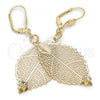 Oro Laminado Dangle Earring, Gold Filled Style Leaf and Filigree Design, with White Crystal, Diamond Cutting Finish, Golden Finish, 68.004