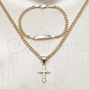 Oro Laminado Necklace and Bracelet, Gold Filled Style Cross and Miami Cuban Design, Polished, Golden Finish, 06.63.0268