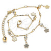 Oro Laminado Charm Anklet , Gold Filled Style Flower and Rattle Charm Design, with White Crystal, Polished, Golden Finish, 03.213.0110.10